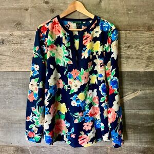 Lauren Ralph Lauren Floral Print Blouse Long Sleeve XL Navy Multi Office‎ Flowy